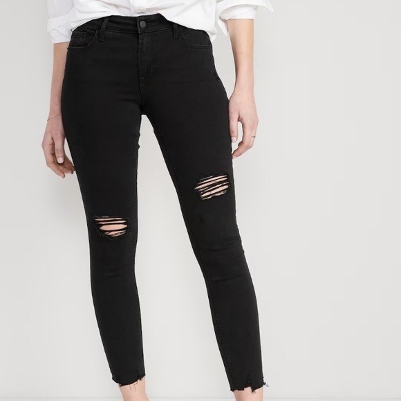 Old Navy Denim - Old Navy Mid-Rise Rockstar Super-Skinny Ankle Jeans Black Ripped